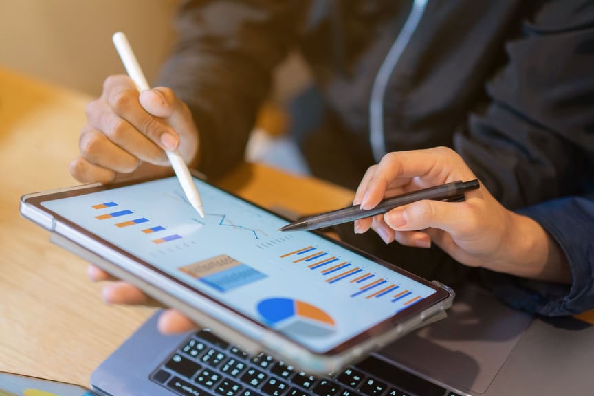 Close up ceo businesswoman hand point on dashboard screen tablet device for ask